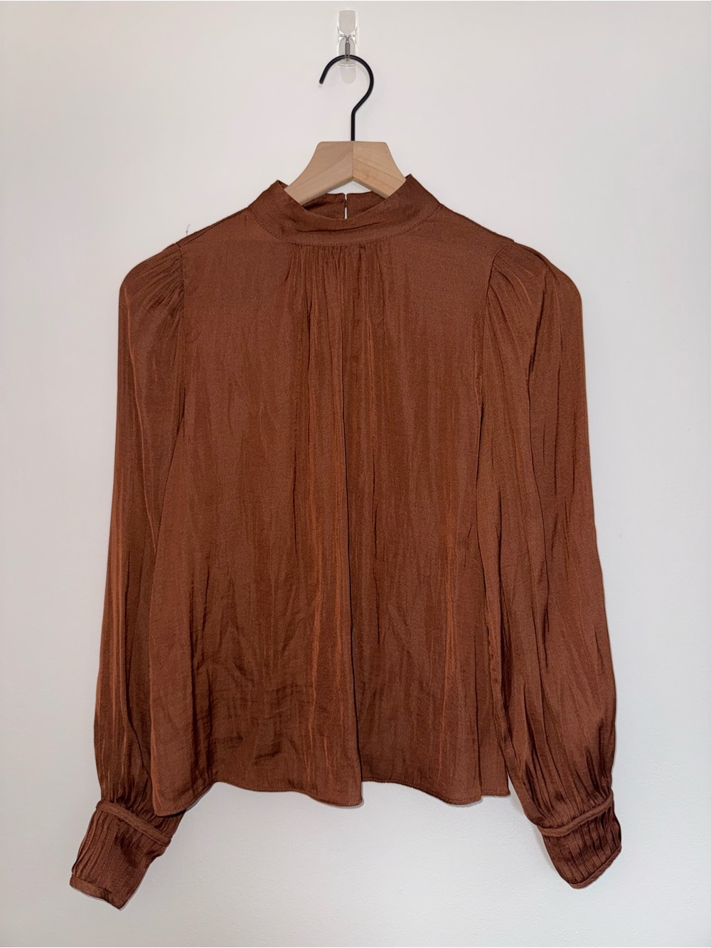 Mock-Neck Long-Sleeve Blouse in Chestnut Brown